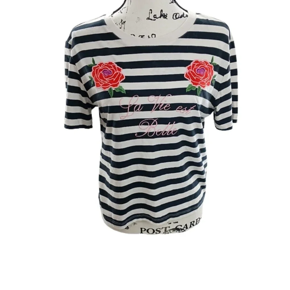 Forever 21 Womens S Navy White Striped Rose Patch Tee La Vie Est Belle - Picture 1 of 5